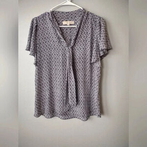 Loft cap sleeve S blouse front tie black white blue, business, office attire